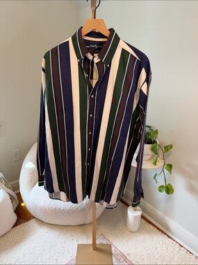 Vintage early 90’s Ralph Lauren Navy, Green & Cream Striped Button-Down Shirt